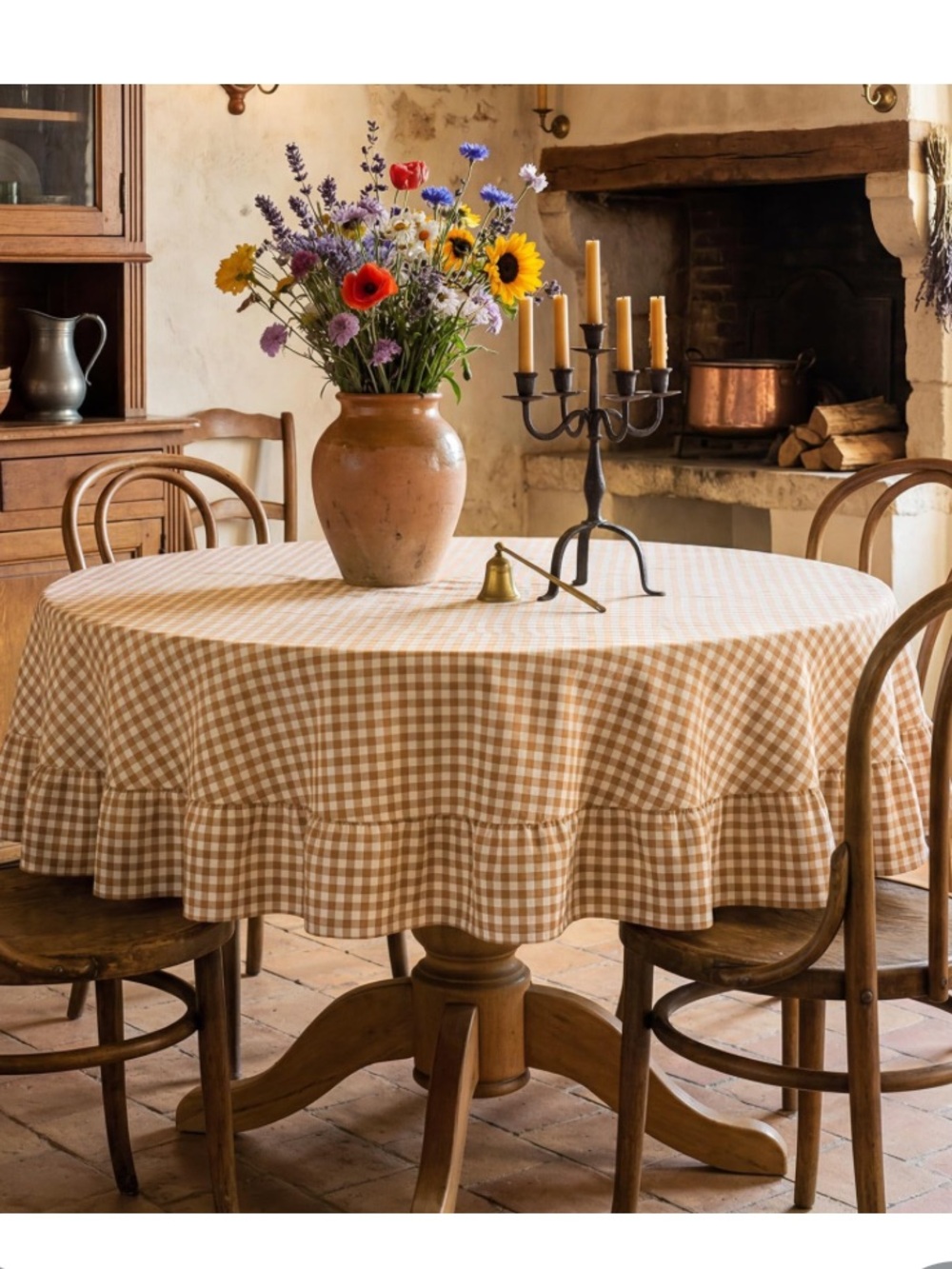 Gingham Tablecloth with Ruffle 70” Round - BROWN